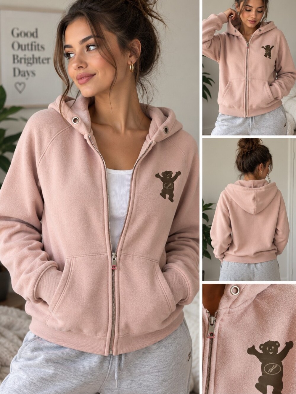 We11Done Pink Teddy Bear Zip-Up Hoodie Y2K Streetwear Women’s Large